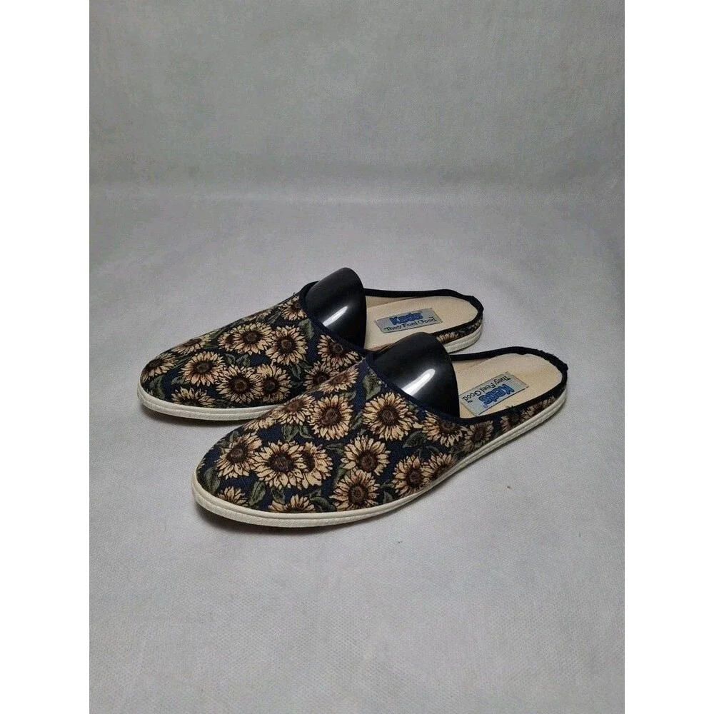 Vintage Keds Bayshore Sunflower Canvas Slip on Sandals Mules Women's 7.5 Navy Bl - Picture 1 of 9
